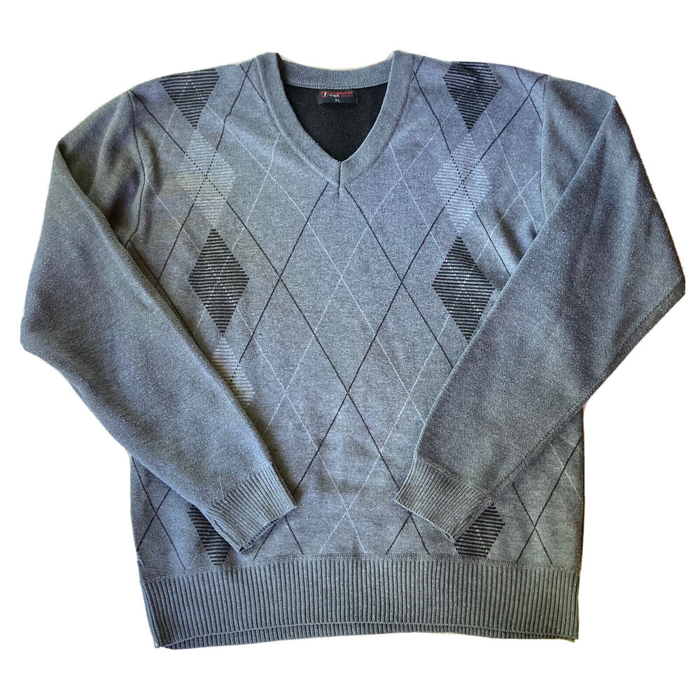 Therma Tek Sweater Men’s XL Gray Argyle V-Neck Pullover Acrylic Winter Warm